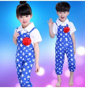 Blue white patchwork boys girls kids kindergarten children child stage performance modern dance school play toddlers outfits costumes